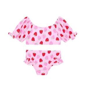 Toddler Girl Pink Strawberry Bikini Swimsuit With Puff Sleeves Ruffles UPF50 18M